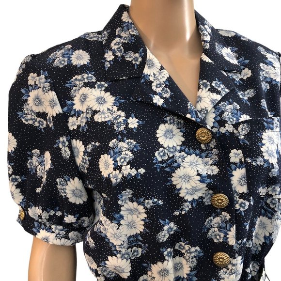 Vintage 80s Navy Blue Floral Print Pleater Belted Button Up Dress - Picture 4 of 9